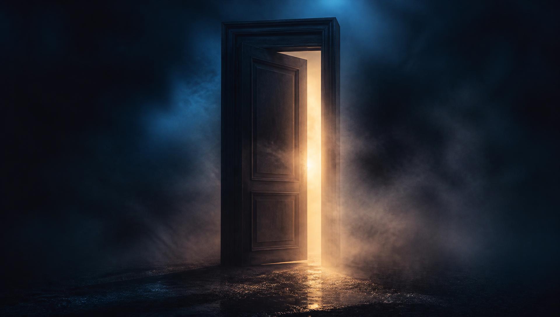 A tall door standing open in deep fog with warm light spilling through