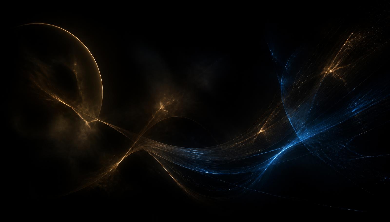 Faint gold and blue light trails arcing through darkness
